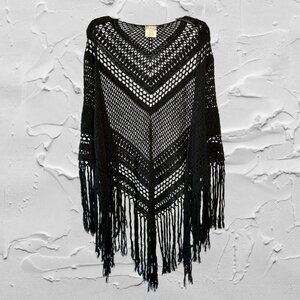 Free People Black Crochet Fringe Shawl Wrap OS Boho Festival Layering Piece